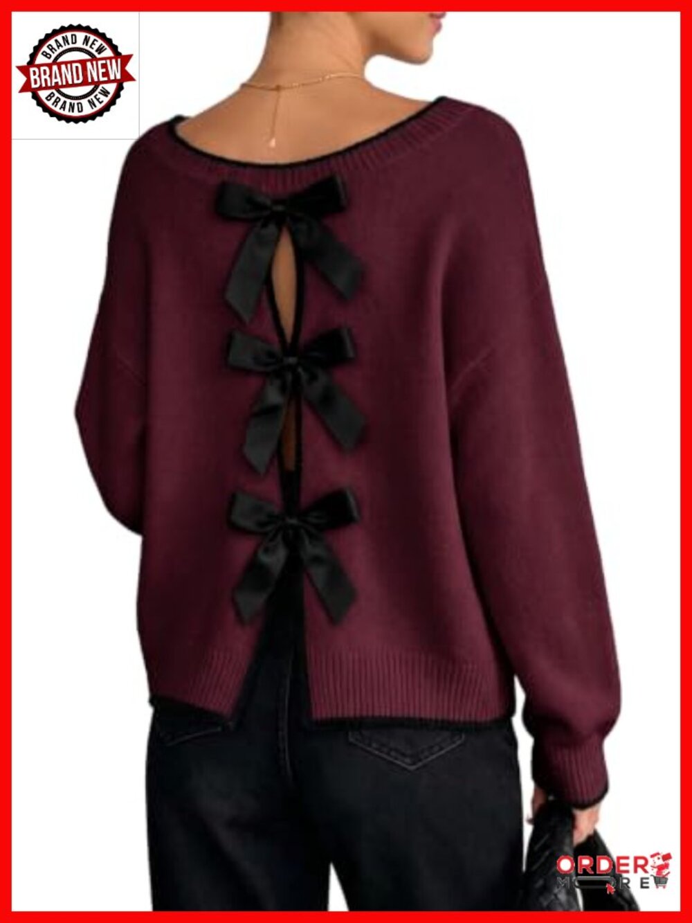 Womens Knit Pullover Sweater Open Back Ribbon Bow Crew Neck Long Sleeve